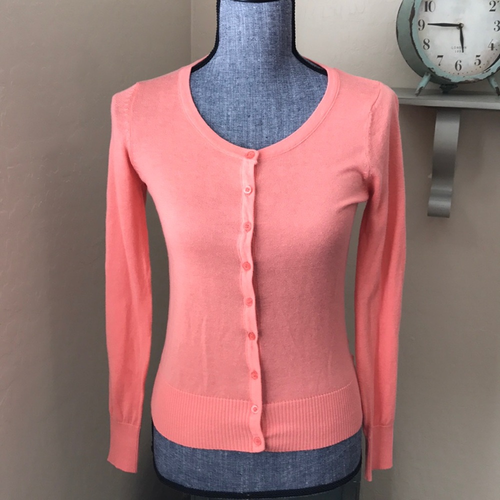 debut Coral Pink Button-Front Crewneck Cardigan